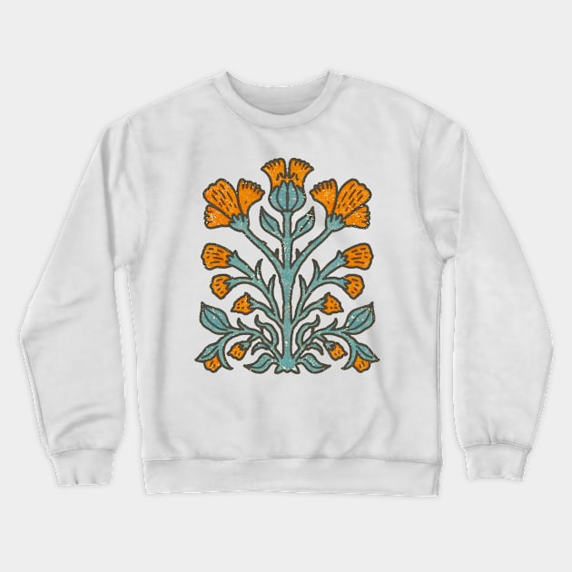 Orange Flowers Scandinavian Folk Art Linocut Print Crewneck Sweatshirt by craftydesigns